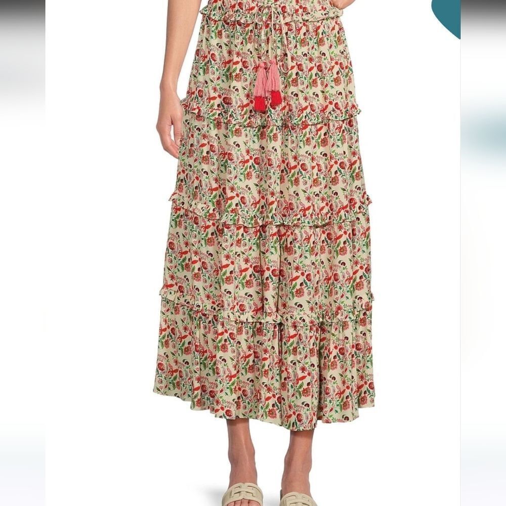 Gibson Latimer Womens Floral tiered Maxi Skirt with Tassels cottagecore boho 12
